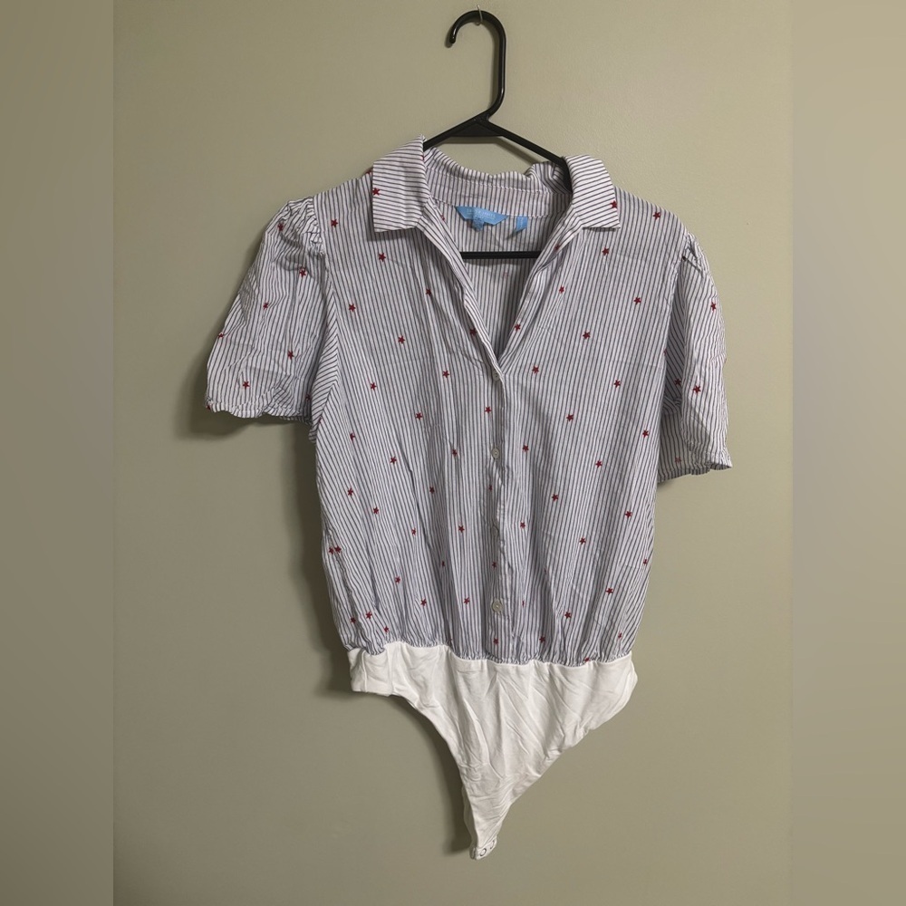 Draper James Red White Blue Stripe Star Button Front Body Suit Size XL Patriotic